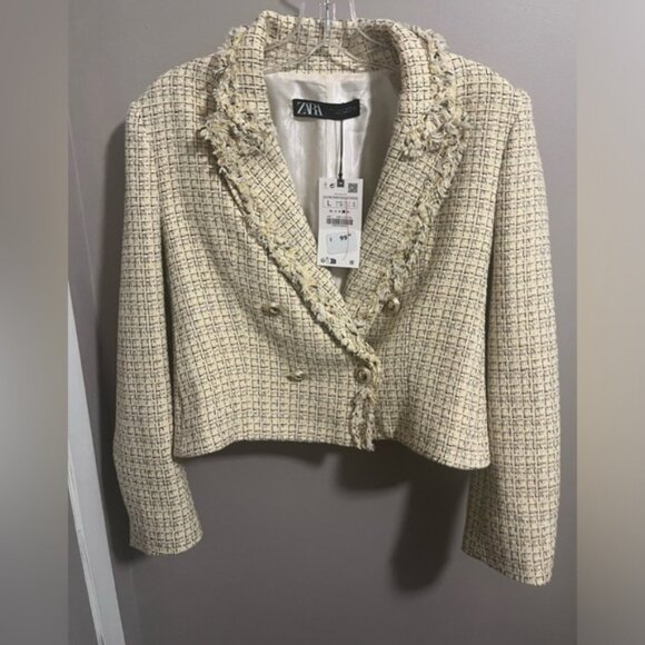 Zara cropped exaggerated shoulders tweed raw collar blazer NWT L - Picture 4 of 10